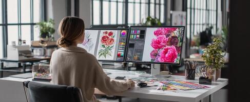 The artist working on floral digital illustrations in a modern studio environment photo