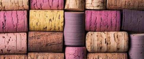The colorful collection of various wine corks arranged artistically in a background. photo