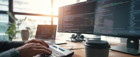 The programmer working diligently with multiple screens and coffee in a bright workspace. photo
