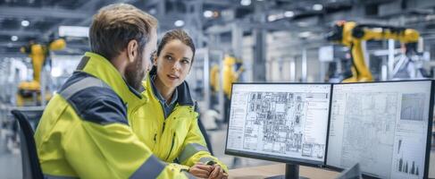 The professionals discussing innovative solutions in a high-tech manufacturing environment. photo
