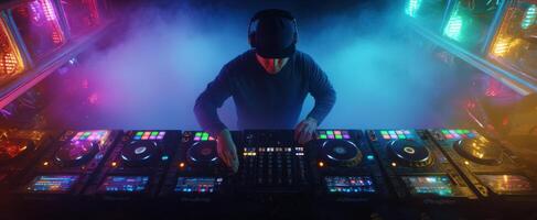 The DJ creating an electrifying atmosphere with vibrant lights and powerful beats photo
