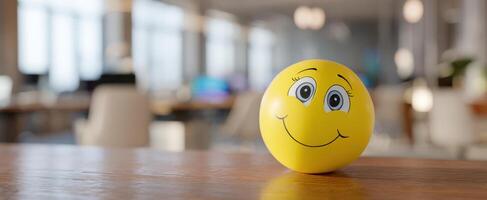 The cheerful smiley ball bringing joy to the modern office workspace. photo