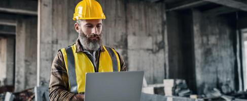 The construction worker using a laptop on a building site. photo