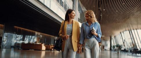 The fashionable friendship of two businesswomen in a modern workspace. photo