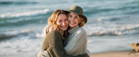 The joyful embrace of friends enjoying a sunny day at the beach. photo
