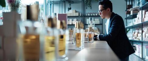The man exploring fragrances in a modern retail perfume boutique. photo