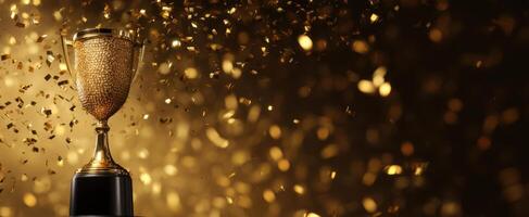 The golden trophy standing proudly amidst swirling confetti. photo
