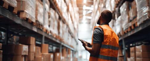 The professional warehouse worker managing inventory with a tablet and focus. photo