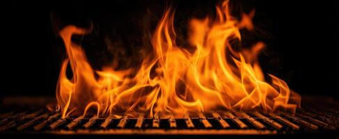 The mesmerizing dance of flames over a grill in a dark setting. photo