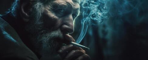 The contemplative man with a cigarette in a moody, atmospheric setting. photo