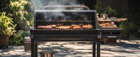 The grill is sizzling with a variety of meats and vegetables. photo