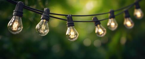 The warm glow of hanging string lights illuminating a lush garden backdrop. photo