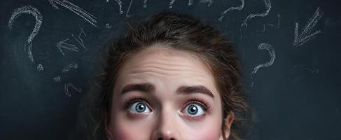 The girl expressing confusion amidst swirling questions and thoughts. photo