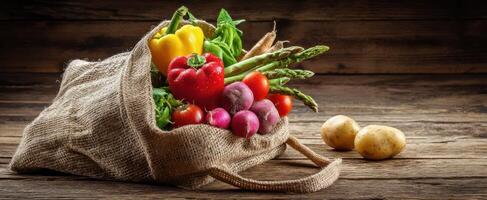 The burlap bag overflowing with vibrant fresh vegetables on wooden table photo