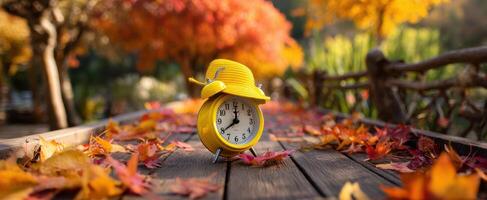 The vibrant yellow clock resting amidst colorful autumn leaves on a wooden table. photo