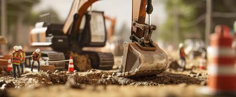 The Excavator at Work in a Detailed Construction Miniature Scene photo