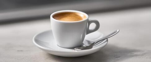 The elegant espresso cup on a simple saucer with a spoon. photo