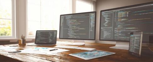 The modern workspace featuring multiple screens and coding interfaces. photo