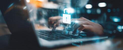 The Hands Typing on a Laptop with a Digital Lock Icon Overlay photo