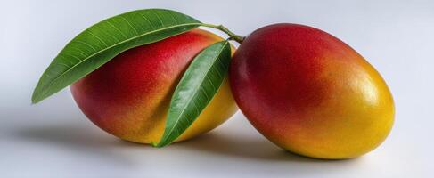 The vibrant mangoes with leaves on a bright background. photo