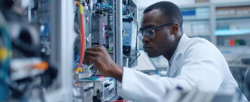 The technician repairing electronic equipment in a modern laboratory environment. photo