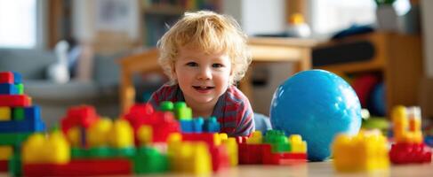 The cheerful toddler playing with colorful building blocks and a blue ball. photo