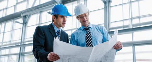 The engineers reviewing architectural plans in modern construction environment. photo