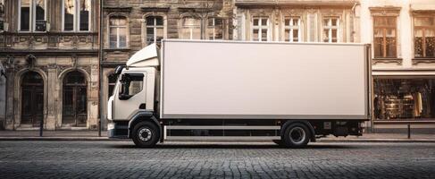 The blank delivery truck parked on an urban street near historic buildings. photo