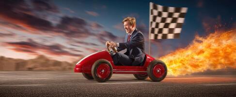 The businessman racing in a toy car with a checkered flag and flames. photo