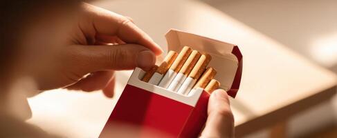 The hands opening a pack of cigarettes in a warm, inviting setting. photo