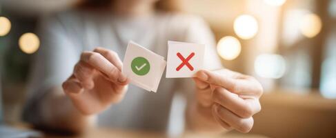 The decision-making process illustrated with approval and disapproval symbols. photo