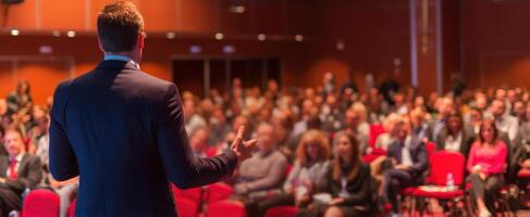 The speaker engaging a large audience during an impactful conference presentation. photo