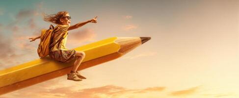 The child soaring on a giant yellow pencil against a vibrant sunset backdrop. photo