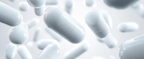 The floating white capsules representing modern pharmaceutical innovation and healthcare solutions. photo