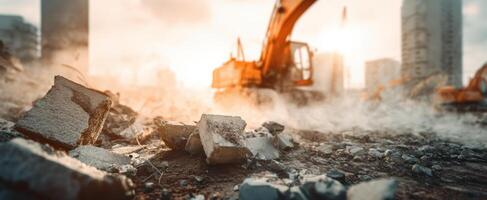 The excavator working on a construction site with dust and rubble in sunlight. photo