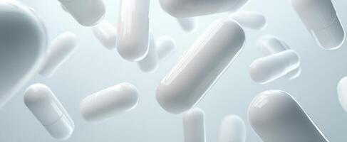 The floating white capsules showcasing modern pharmaceutical innovation and healthcare solutions. photo