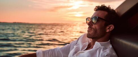 The man enjoying a tranquil moment on a boat during a stunning sunset. photo