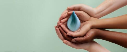 The hands supporting a blue water droplet symbolizing unity and care. photo