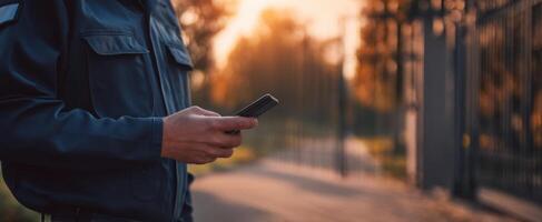 The security officer checking his smartphone during a quiet evening shift. photo