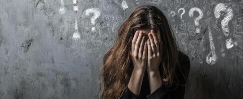 The woman in despair surrounded by question marks and confusion. photo