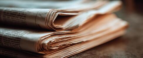 The vintage newspapers stacked on a table conveying stories from the past. photo