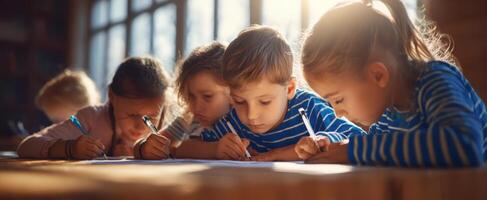 The children engaged in creative writing activities together in a bright room. photo