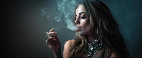 The captivating portrait of a woman exhaling smoke in dramatic lighting. photo