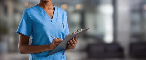 The nurse with a clipboard preparing for patient care in a healthcare setting. photo
