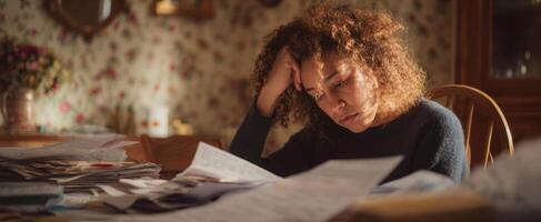 The woman grappling with stress over paperwork on a cluttered table. photo