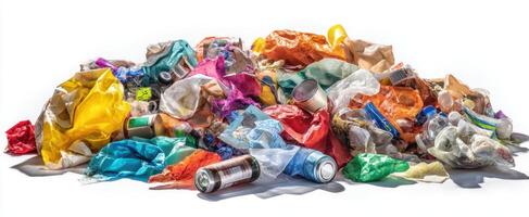 The vibrant assortment of discarded materials in a recycling pile. photo