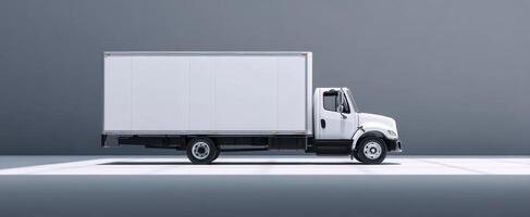 The white delivery truck in a minimalist modern setting. photo