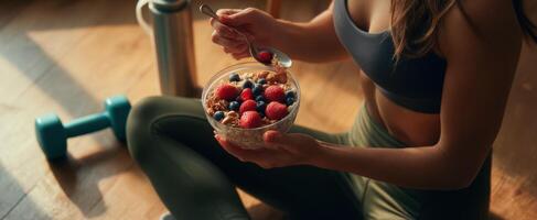 The woman enjoying a nutritious bowl of oats and berries after workout. photo