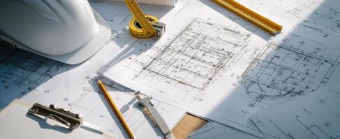 The architectural blueprint and tools on a workspace for construction planning. photo
