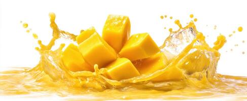 The vibrant mango cubes splashing into fresh juice create a delightful scene. photo